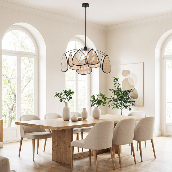 Black boho pendant lamp Floare with rattan