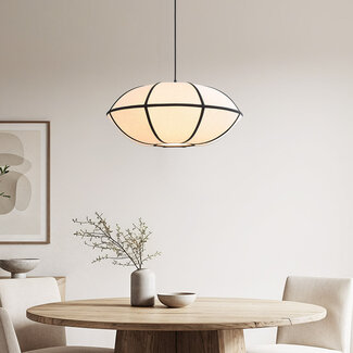 Minimalist linen pendant lamp Ovala - White with Black accents
