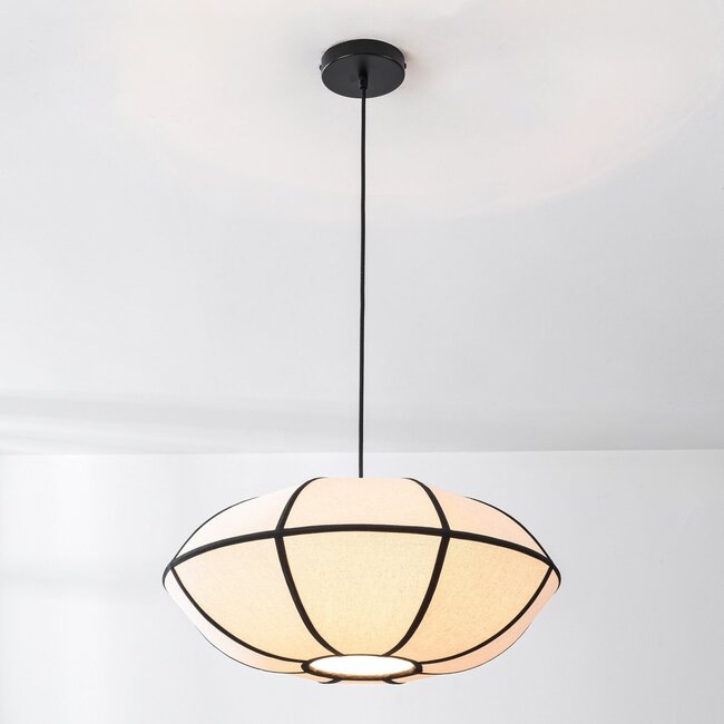 Minimalist linen pendant lamp Ovala - white with black accents