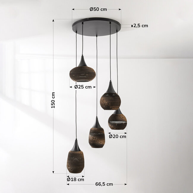 5-light designer hanging lamp made of cardboard - Filtra