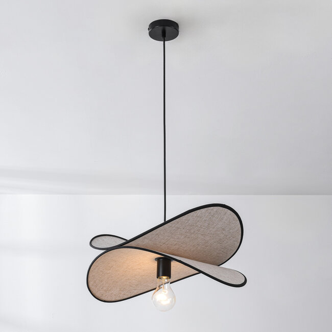 Designer pendant light Sapca, beige linen with black accents