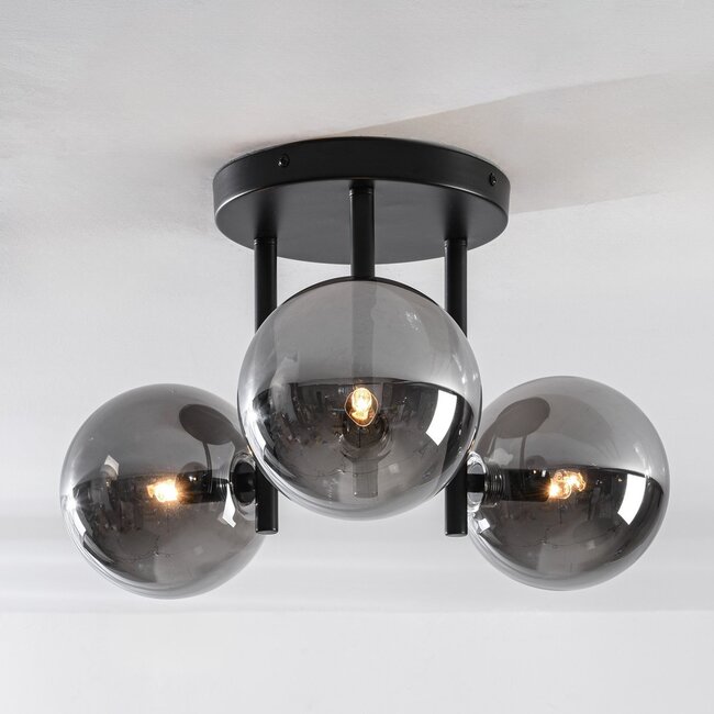3-light Black ceiling lamp Elora with smoked glass