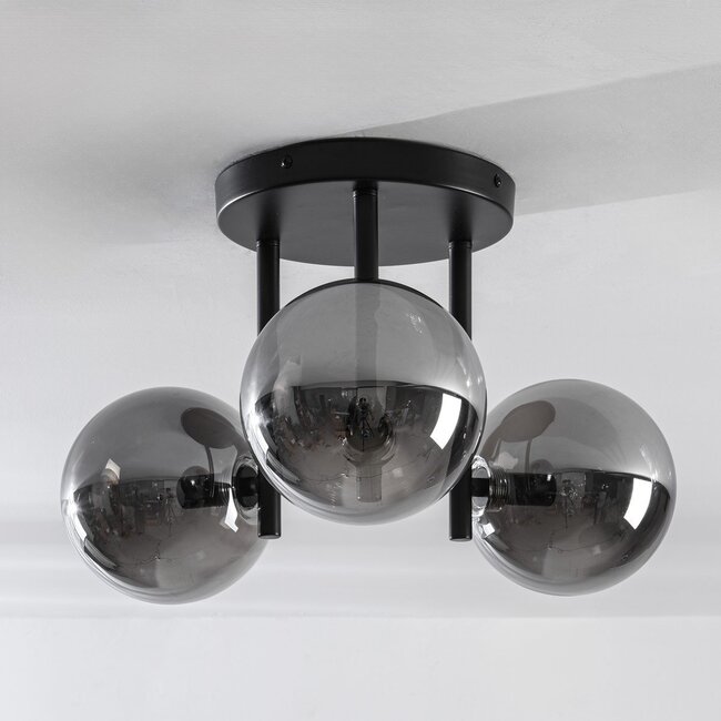 3-light Black ceiling lamp Elora with smoked glass