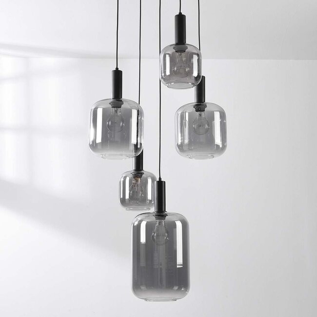 Pendant light Rustique 5-light with smoked glass and black fitting