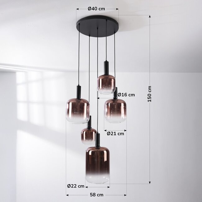 Rustique 5-light pendant lamp with dark brown glass