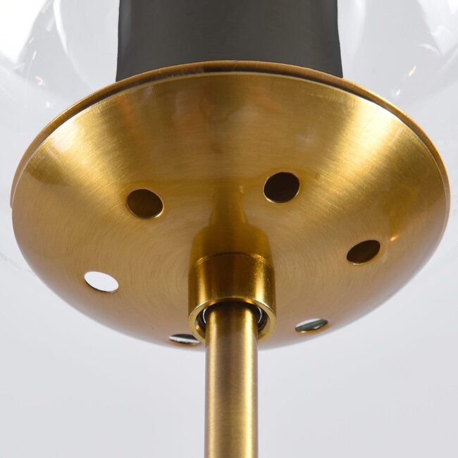 Designer pendant light Hepta with transparent glass spheres and black fittings