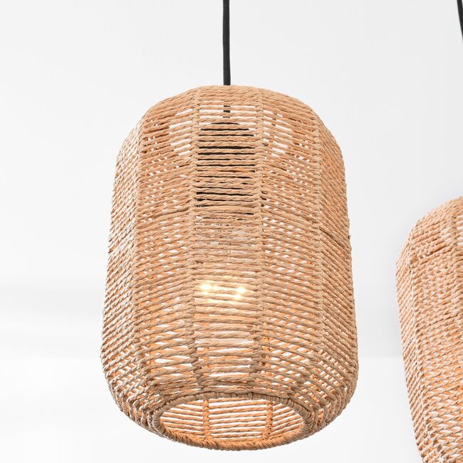 Terre 3-light pendant light - black metal and natural shades