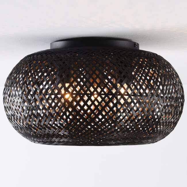 3-light ceiling light Caia in handwoven bamboo – black