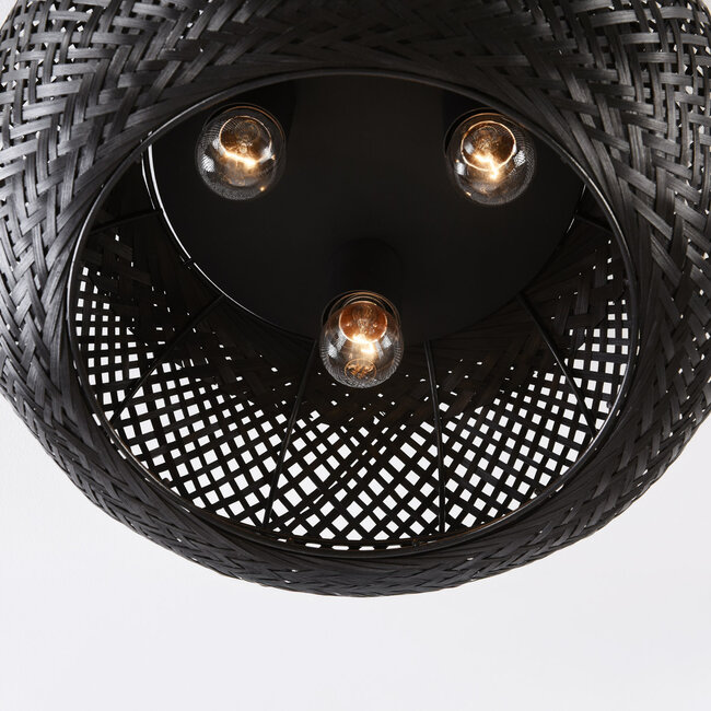 3-light ceiling light Caia in handwoven bamboo – black