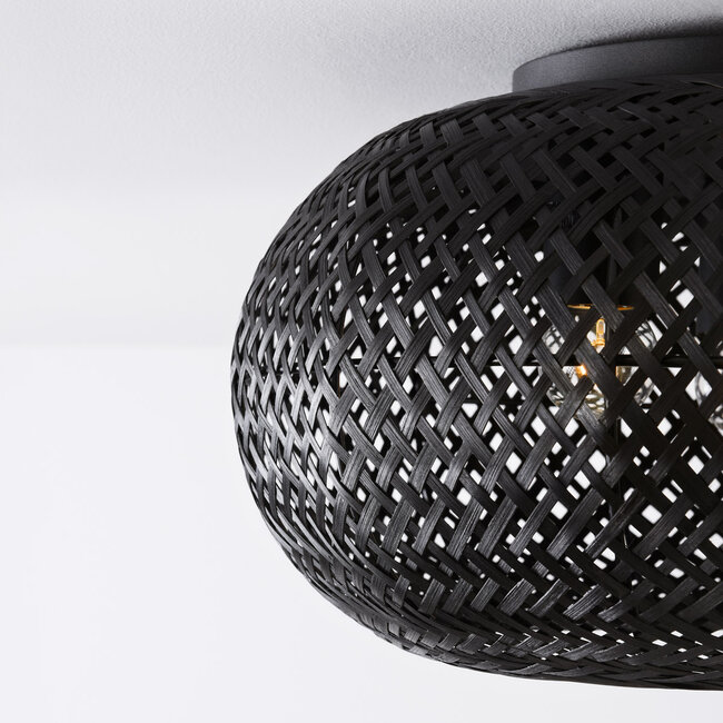3-light ceiling light Caia in handwoven bamboo – black