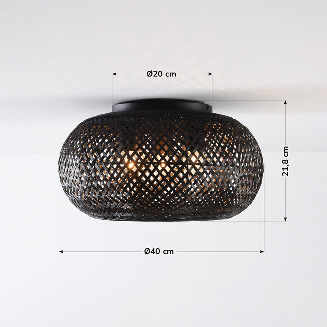 3-light ceiling light Caia in handwoven bamboo – black