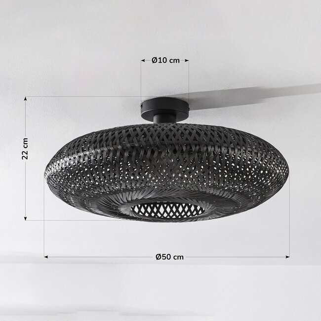 Boho-chic ceiling lamp Yuan in hand-woven bamboo, black