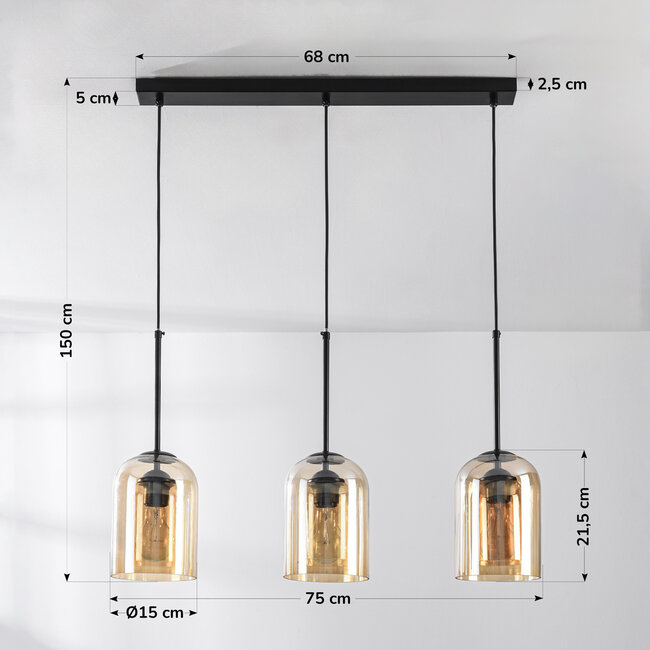 Tovano 3-light pendant lamp in Amber glass