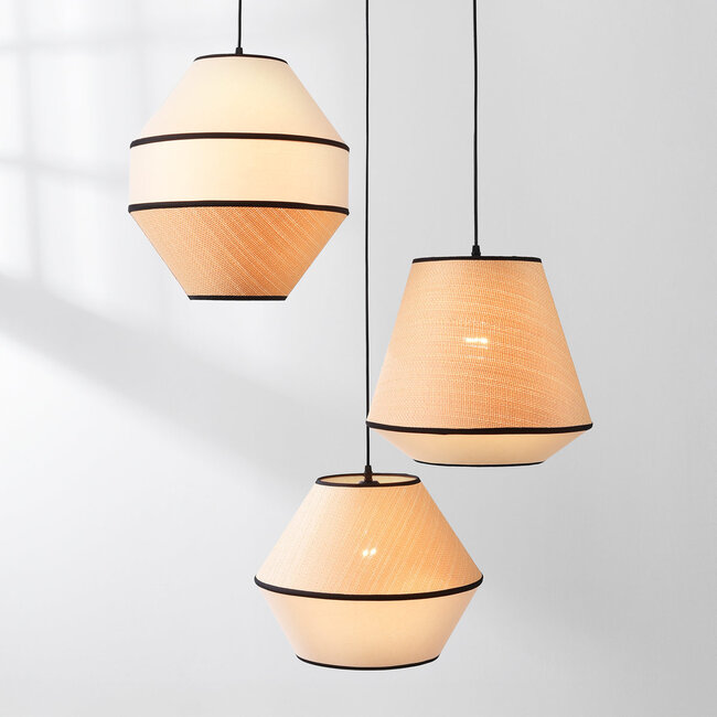 3-light Japandi pendant lamp Rep with natural fabric shades and braided rope