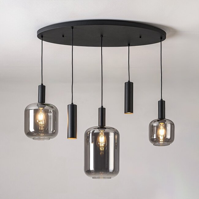Modern pendant lamp Yoku Black with smoked glass, 5-light