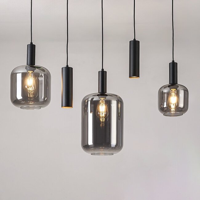 5-light pendant light Yoku - black with smoked glass