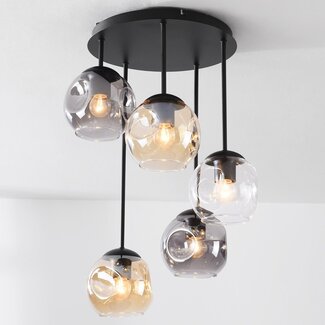 Glo designer ceiling lamp with 5 glass spheres – smoked, amber and clear glass