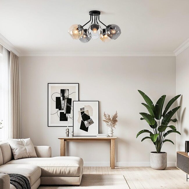 Ceiling light Ljus with 5 glass spheres – smoked glass, amber and clear glass