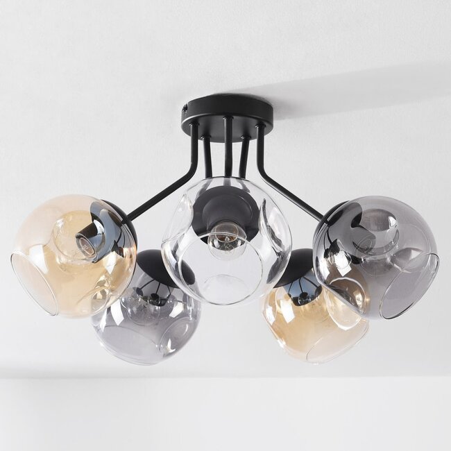 5-light ceiling light Ljus - smoked, amber and clear glass