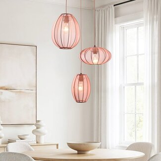 3-light pendant light Velora with fabric shades - soft pink