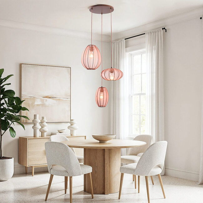 3-light Japandi Velora pendant lamp with soft pink fabric shades