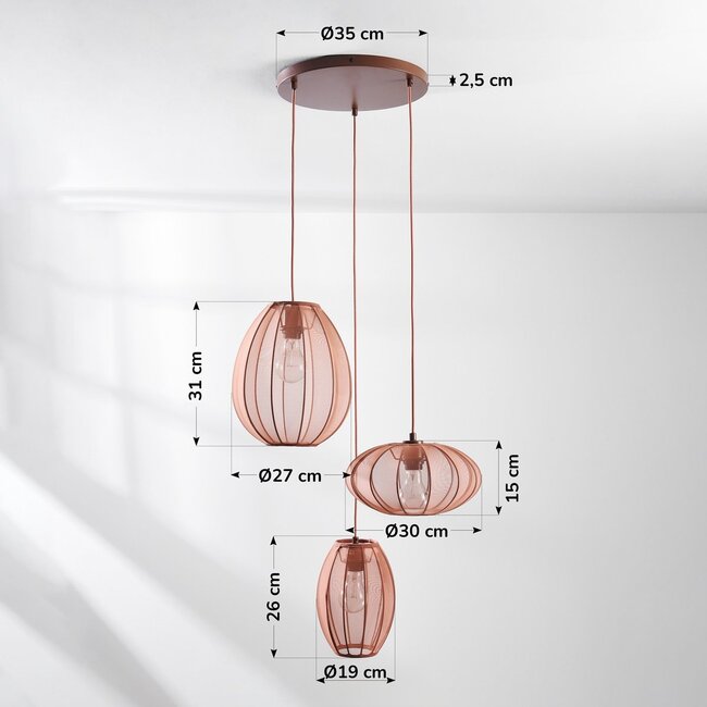3-light pendant light Velora with fabric shades - soft pink