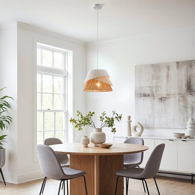 Toku Pendant Light with layers of woven paper in natural tones