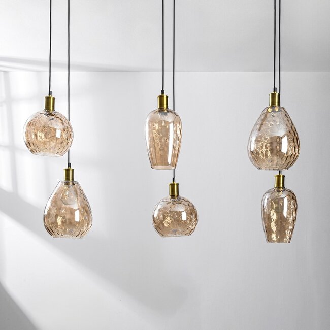 Pendant light Nilo – 6-light amber glass with curved glass