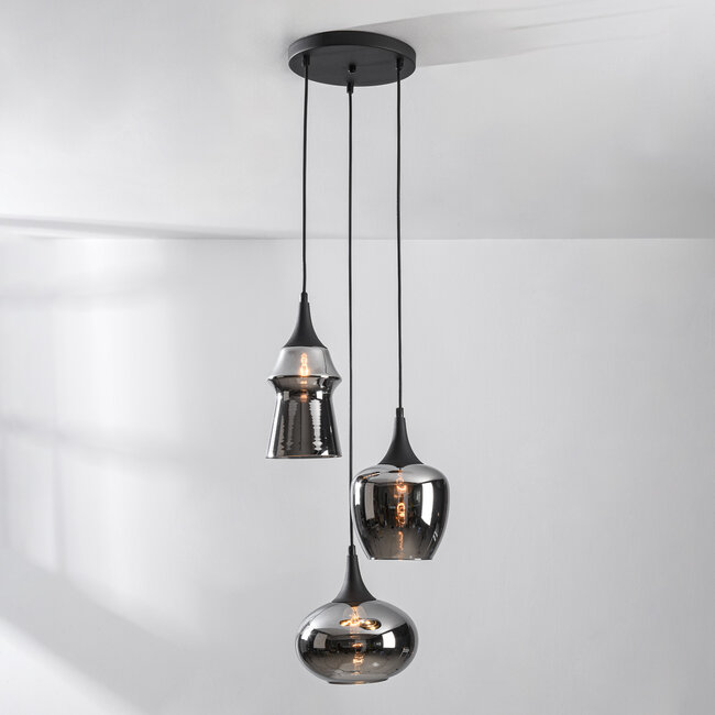 Zian pendant lamp design – 3-light, black with smoked glass in various shapes