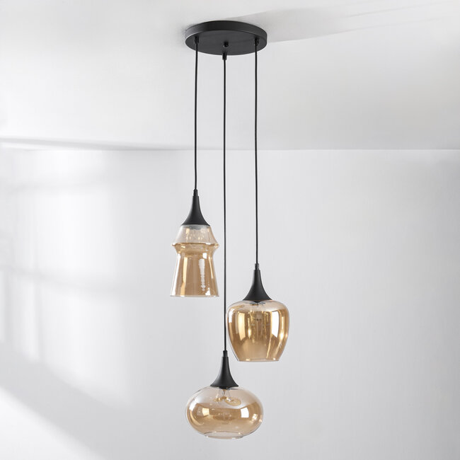 Designer lighting pendant Zian – 3-light black with amber glass in various shapes