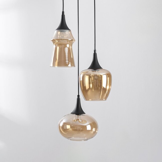 3-light pendant light Zian - black with amber glass in various shapes