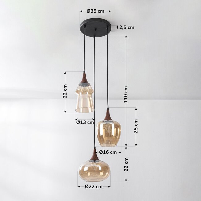 Design pendant light Zian – 3-light black with wood effect and amber glass in various shapes