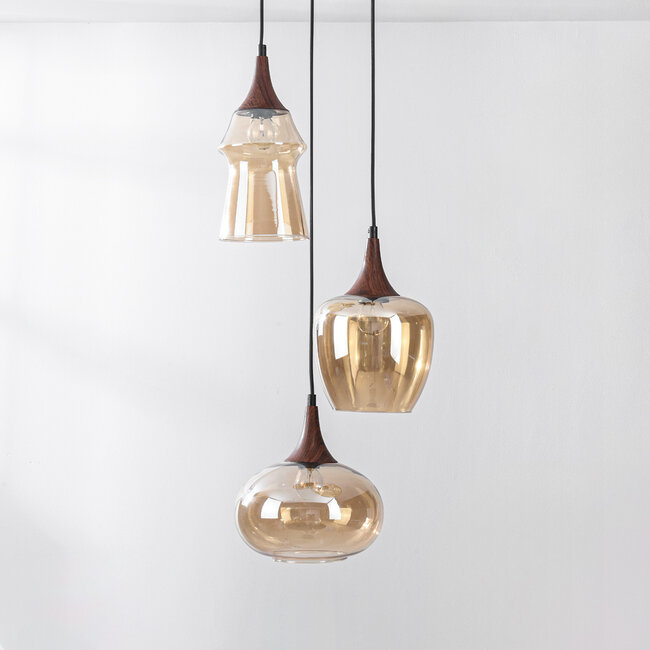 Zian pendant lamp design – 3-light, black with wood effect and amber glass in various shapes