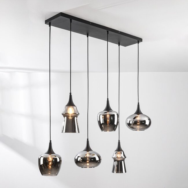6-light pendant lamp Lior Black with smoked glass and Mirror effect shades in various shapes