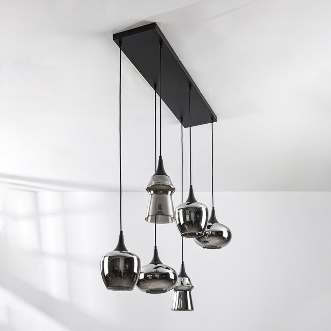 6-light pendant lamp Lior Black with smoked glass and Mirror effect shades in various shapes