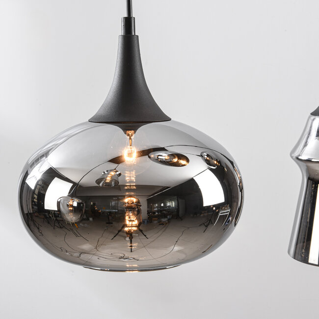 6-light pendant lamp Lior Black with smoked glass and Mirror effect shades in various shapes