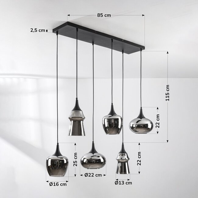 6-light pendant lamp Lior Black with smoked glass and Mirror effect shades in various shapes