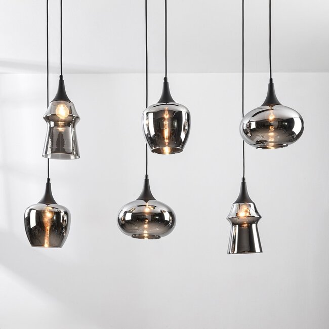 6-light pendant lamp Lior Black with smoked glass and Mirror effect shades in various shapes