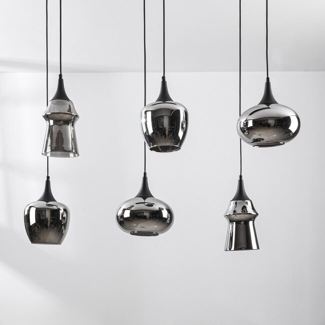 6-light pendant lamp Lior Black with smoked glass and Mirror effect shades in various shapes