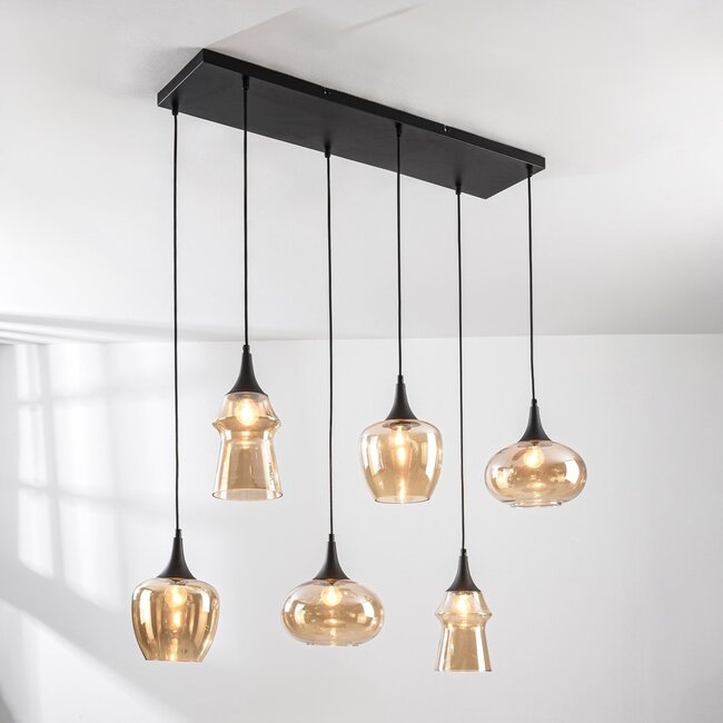 6-light pendant lamp Lior Black with Amber glass in various shapes