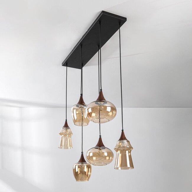 Pendant light Lior black with wood effect and amber glass in various shapes – 6-light