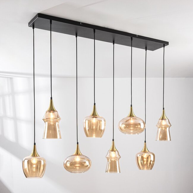 Cael pendant lamp in Gold with Amber glass in various shapes – 8-light