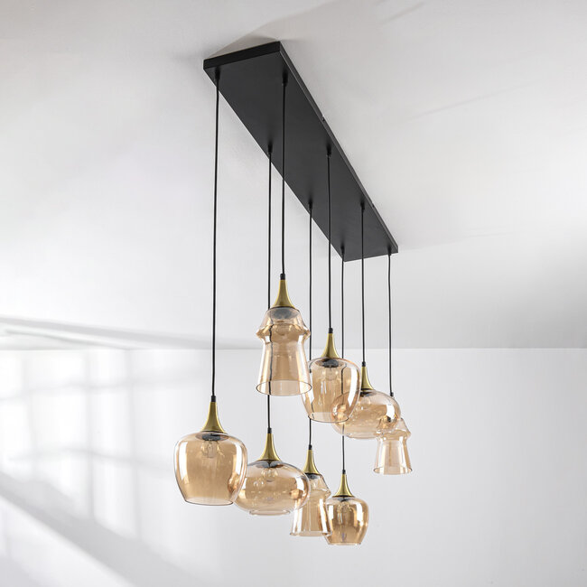 Pendant light Cael gold with amber glass in various shapes – 8-light