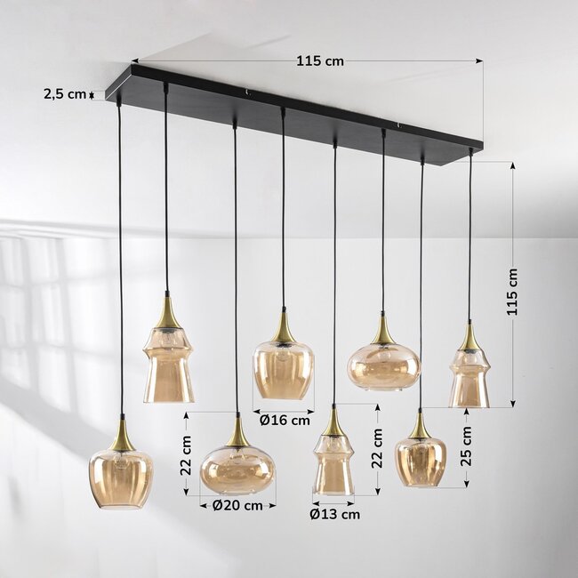 8-light pendant light Cael - gold with amber glass
