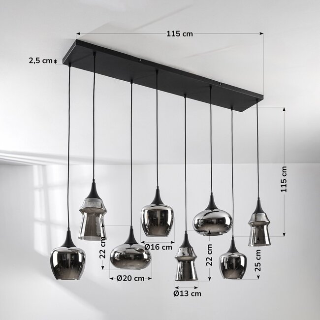 Pendant light Cael black with smoked glass and mirror effect in various shapes – 8-light