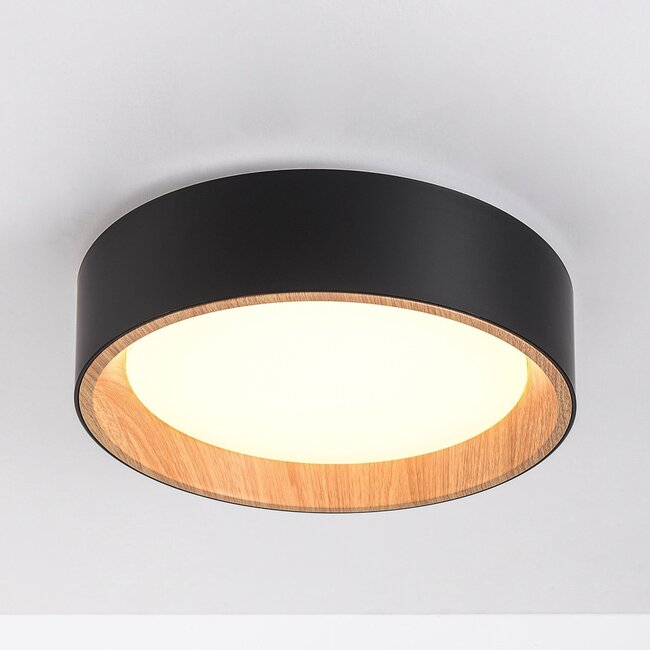 Designer ceiling light Larios 3-step dimmable Ø29 cm - black with wood accent