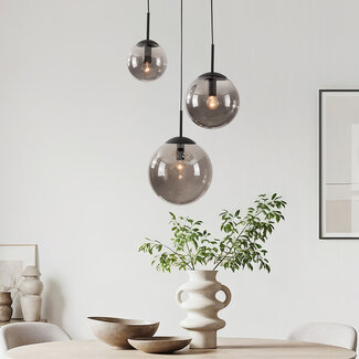 Modern pendant light Marui black with three smoked glass globes