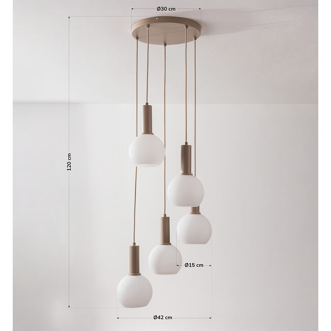 Imme 5-light pendant lamp in beige with opal white shades