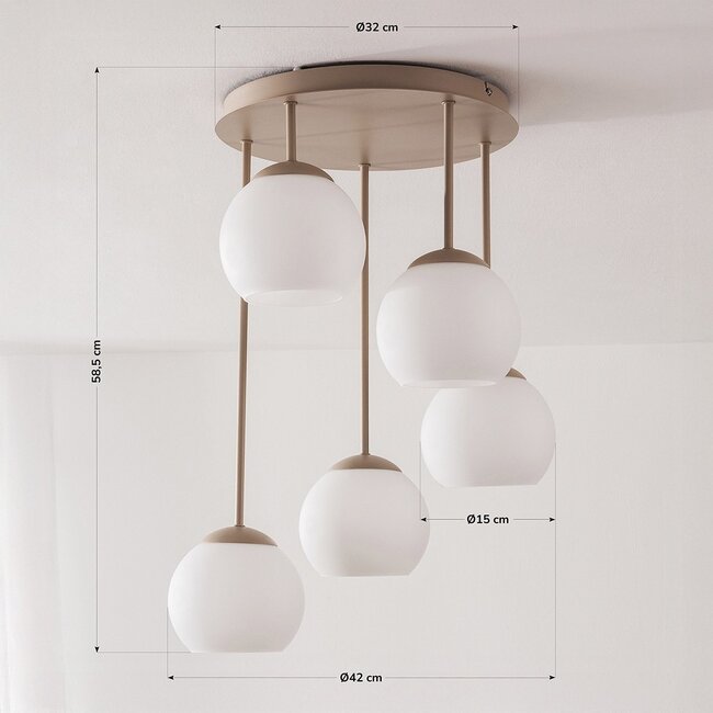 Modern beige Carato 5-light ceiling lamp with opal white glass globes