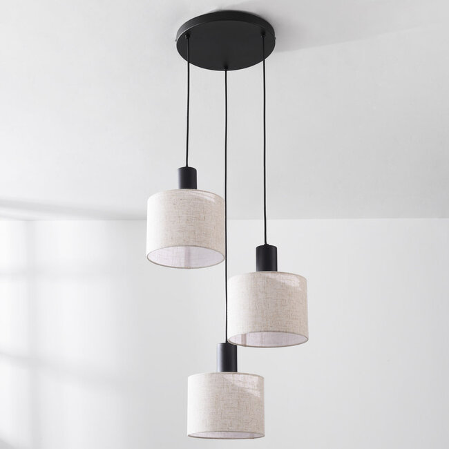 3-light pendant lamp Linne with round fabric shades in beige linen